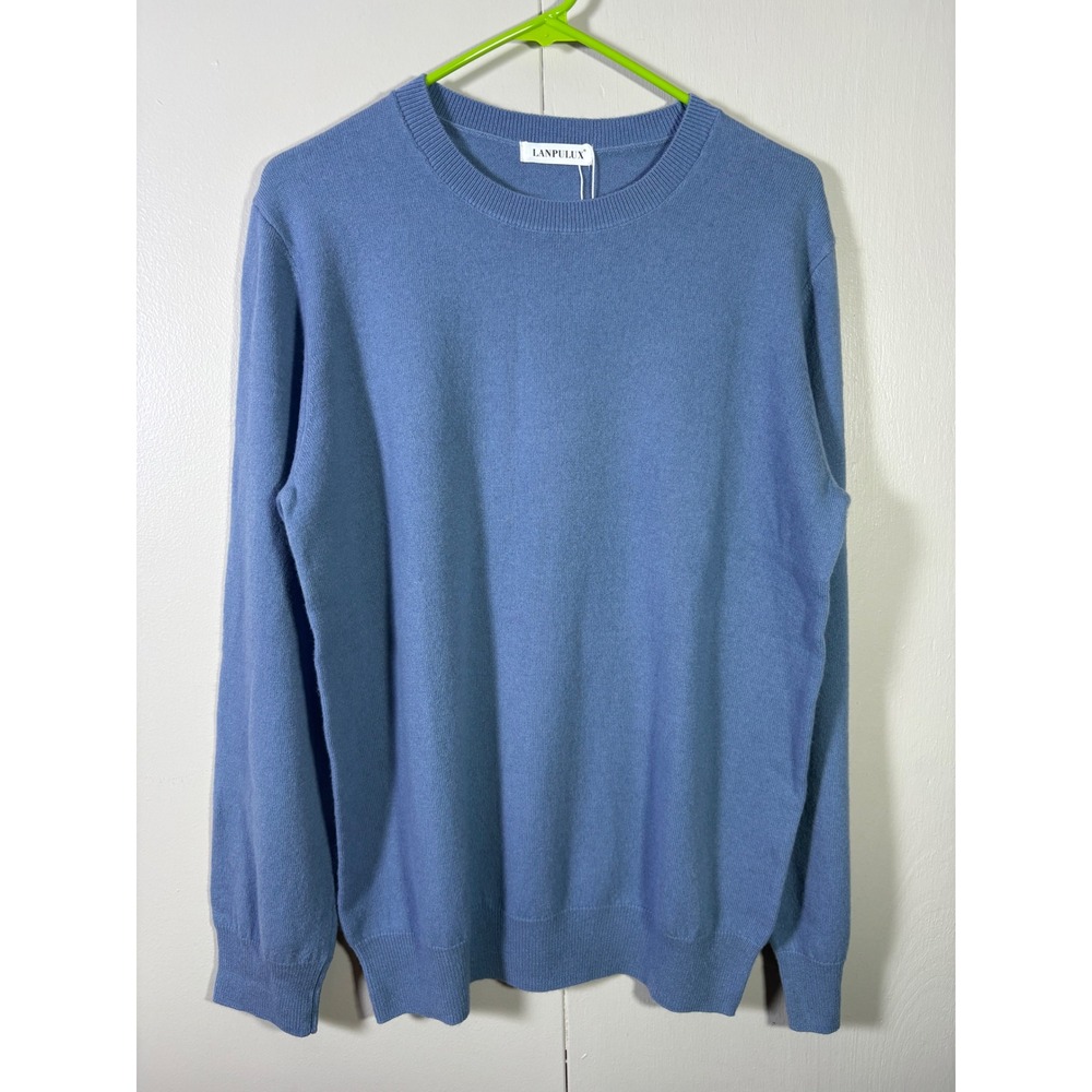 Lanpulux XXL Blue 100% Wool Crewneck Knit Sweater NWT Minimalist Quiet Luxury